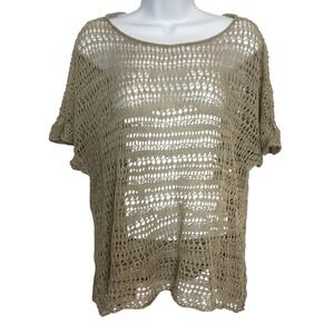 Tommy Bahama Womens Large Linen Top Brown Knit Pullover Crochet Mesh Coverup